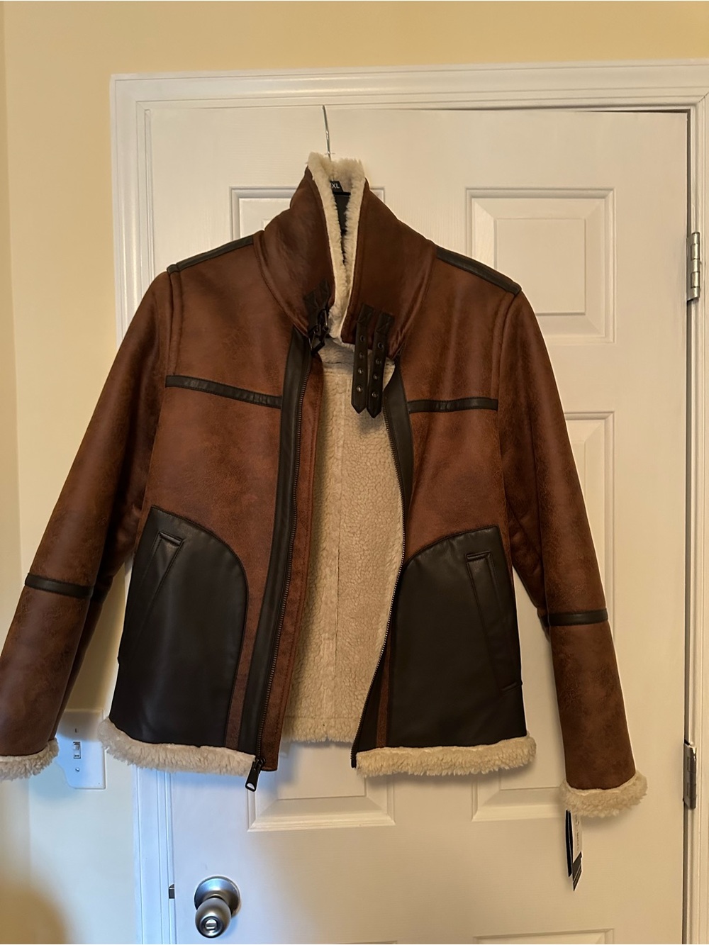 Tommy Hilfiger Cream Shearling Jacket with Brown Trim